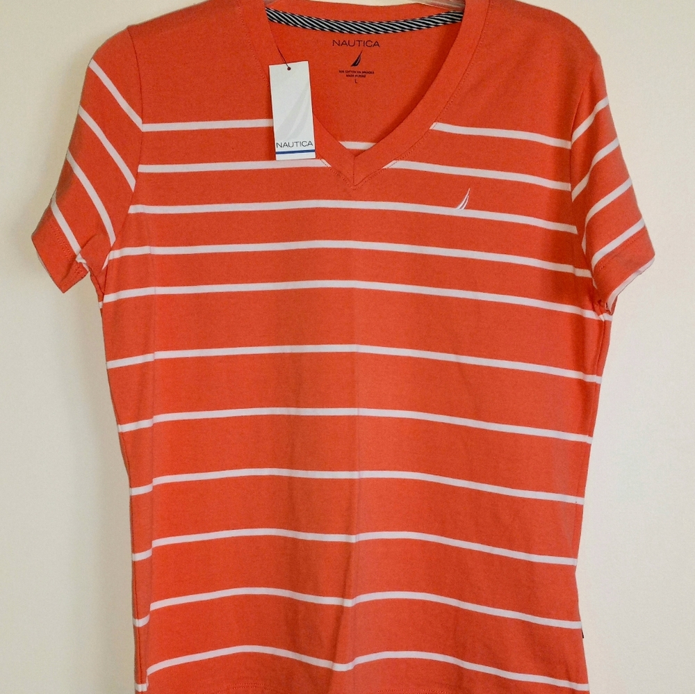 Nautica v-neck striped top L